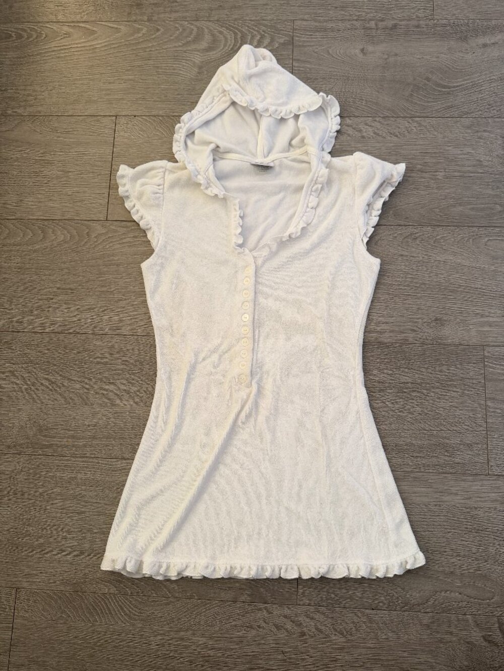 Beach Bunny Swimwear White Terry Cloth Hooded Ruffle Cover Up Dress XS DESCRIPTI